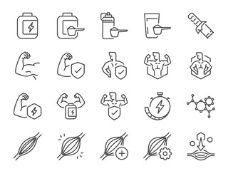 whey protein icon set. it included muscle, strength, bodybuilding, fitness, and more icons. editable