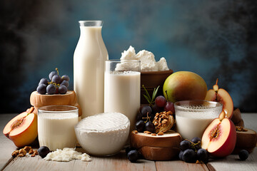 Kosher dairy product for celebration Jewish Holiday Shavuot. Milk, wheat, bread, cheese on the table in the outdoor