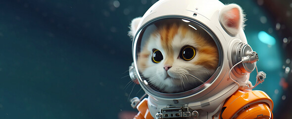 Cat in outer space. Space cat on blue cosmos and stars background. Copy Space. Generative AI