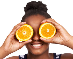 Orange eyes, happiness and teen or black girl with fruit in png or isolated in transparent background. Kid, smile and citrus eye for healthy food or vitamin c or diet for energy or comedy and joke.