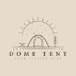 dome tent outdoor line art logo design with sun burst minimalist style logo vector illustration design.
