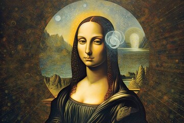 Wall Mural - Mona Lisa's Interstellar Encounter: Witness an extraterrestrial rendezvous, where aliens from distant galaxies reinterpret the Mona Lisa's beauty with cosmic flair illustration generative ai