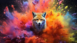 Fototapeta Dziecięca - Fox among explosions of multi colored paint. Multicolored fluid. AI Generative.