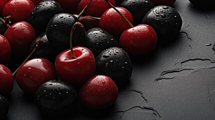 Cherries fresh organic fruit on stone surface background. Generative AI