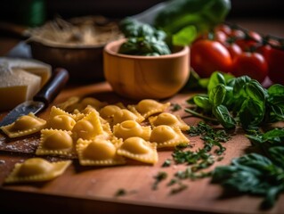 Poster - A wooden cutting board topped with pasta and vegetables. Generative AI image.