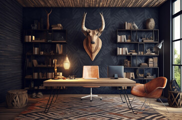 Wall Mural - Office room in wood and nature style with Generative AI