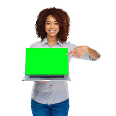 Poster - Portrait of happy woman with laptop, pointing at green screen and info isolated on transparent png background. Smile, African model and computer with chromakey, logo information or app presentation.