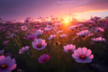 Wall Mural - Cosmos pink flowers in the field in the morning, ai generate