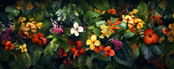 Wall Mural - Top view tropical flowers plants background, ai generate