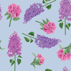  Seamless vector illustration with blooming lilac and rhododendron on a blue background.