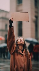 Wall Mural - A woman holding up a cardboard sign in the air. Generative AI image.