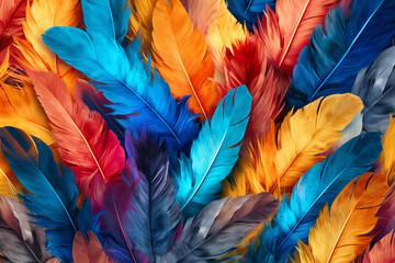 Poster - A collage-style feather background pattern texture, with feathers of various species and sizes overlapping and layered to create a visually rich and textured composition. Generative AI technology.