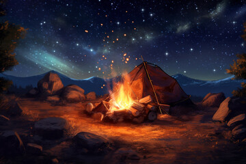 Poster - A digital painting of a bonfire on a starry night, evoking feelings of warmth, community,  Generative AI technology.