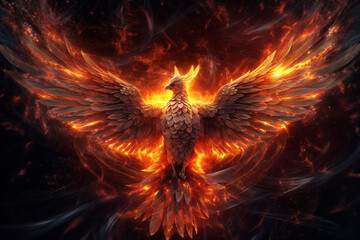 Poster - A digital composition of fiery particles swirling and forming the shape of a phoenix, representing rebirth, renewal, and strength. Generative AI technology.