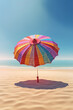 a colorful parasol being carried by the wind on a sunny beach, symbolizing the playful and whimsical interaction between wind and objects.  Generative AI technology.
