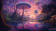 Mushroom planet, beautiful purple lake, cloudy sky