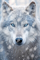 Poster - a frozen wolf, with its fur covered in frost, capturing the intense and captivating gaze of this wild creature. Generative AI technology.