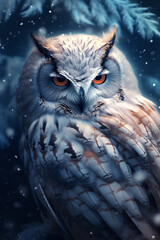 Poster - An artistic depiction of a frozen owl, with its feathers fluffed up to keep warm, conveying the mysterious and captivating nature of these nocturnal birds. Generative AI technology.
