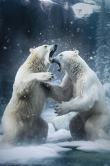 Poster -  a frozen moment of two polar bears engaging in a playful interaction, Generative AI technology.