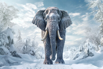 Poster - a frozen elephant standing tall in a snowy landscape, conveying the strength and beauty of these gentle giants in extreme weather conditions. Generative AI technology.