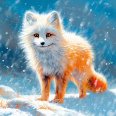Poster - An artistic representation of a frozen arctic fox, with its vibrant orange fur contrasting against the snowy backdrop,  Generative AI technology.