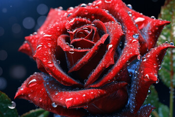 Poster - a vibrant red rose, with dewdrops glistening on its petals, capturing the beauty and delicacy of nature.  Generative AI technology.