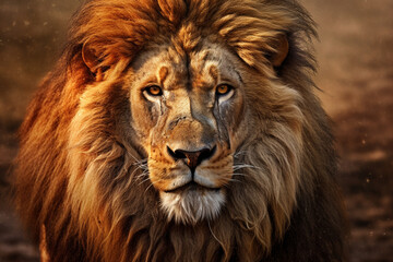 Poster - An artistic illustration of a wise and regal-looking lion, with a majestic mane and piercing gaze, representing strength and leadership.  Generative AI technology.