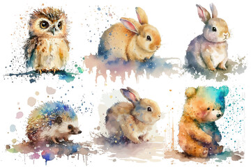 Poster - Safari Animal set owl, rabbit, bear, bunny, hedgehog, deer in watercolor style. Isolated. Generative AI