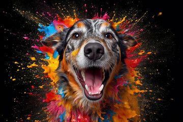 Poster - An vibrant photograph of a Dog splashed in bright paint, contemporary colors and mood social background.  Generative AI technology.