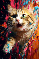 Aufkleber - An abstract surreal photograph of a Cat splashed in bright paint, symbolizing freshness and health. Generative AI technology.