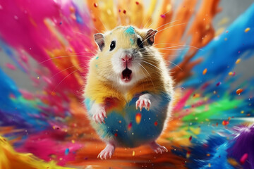 Poster - An vibrant photograph of a Hamster splashed in bright paint, contemporary colors and mood social background.  Generative AI technology.