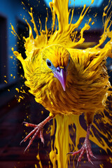 Poster - An abstract surreal photograph of a Canary splashed in bright paint, contemporary colors and mood social background. Generative AI technology.
