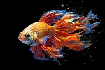 Poster - An vibrant photograph of a Guppy fish splashed in bright paint, contemporary colors and mood social background. Generative AI technology.