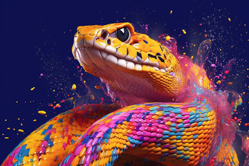 Poster - An vibrant photograph of a Snake splashed in bright paint, contemporary colors and mood social background.  Generative AI technology.