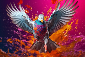 Poster - An vibrant photograph of a Dove splashed in bright paint, contemporary colors and mood social background.  Generative AI technology.
