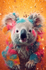 Poster -  An abstract surreal photograph of a Koala splashed in bright paint, contemporary colors and mood social background.  Generative AI technology.