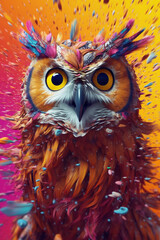 Poster - An abstract surreal photograph of a Owl splashed in bright paint, contemporary colors and mood social background.  Generative AI technology.