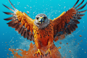 Poster - An vibrant photograph of a Falcon splashed in bright paint, contemporary colors and mood social background. Generative AI technology.