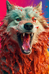 Poster - An abstract surreal photograph of a Wolf splashed in bright paint, contemporary colors and mood social background. Generative AI technology.
