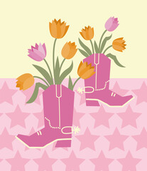 Wall Mural - Cowboy boots with flowers decoration. Vector cowboy boots with beautiful yellow pink tulips on stars card backgrolund. Country decoration for design.