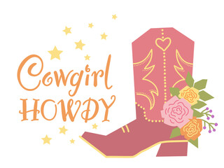 Wall Mural - Cowboy boot with flowers card decoration. Vector cowgirl boot and roses boquete. Country decoration isolated on white for design. Cowgirl style card with howdy text.