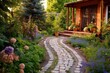 Tile path among flowers backyard. Generate Ai