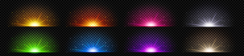 Poster - Realistic set of colorful magic light effects isolated on transparent background. Vector illustration of fantasy explosion sparkling with glitter. Christmas surprise. Disco party flashes shimmering