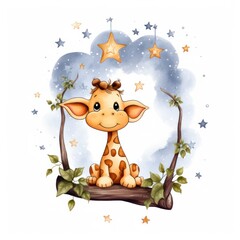 Wall Mural - Playful baby giraffe cartoon swinging on a vine against a white background, surrounded by stars. Generative AI