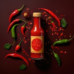 Wall Mural - Bottle of spicy sauce with red hot chili pepper. Generative AI