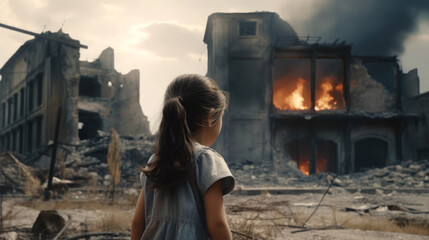 Child in the ruins of his house destroyed by the war. Peace concept