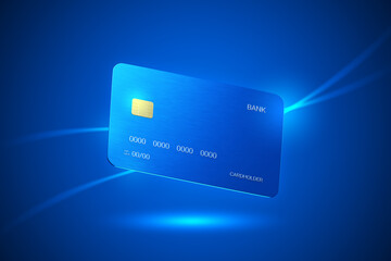 Blue credit card mockup finance business money payment shopping online isolated on 3d debit background of financial buy pay transfer banking or electronic atm technology economy commerce purchase.