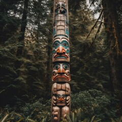 Sticker - A totem pole in the middle of a forest. Generative AI image.