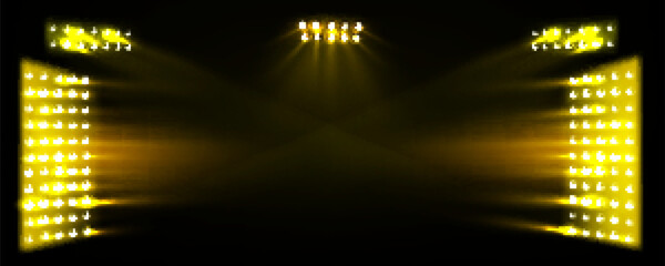 Poster - gold light effect on stadium party stage background. yellow concert disco club spotlight ray design.