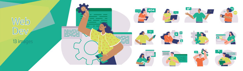 Poster - Set of mini concepts on the topic of web dev. Presentation of the stages of web design development. Vector illustration.